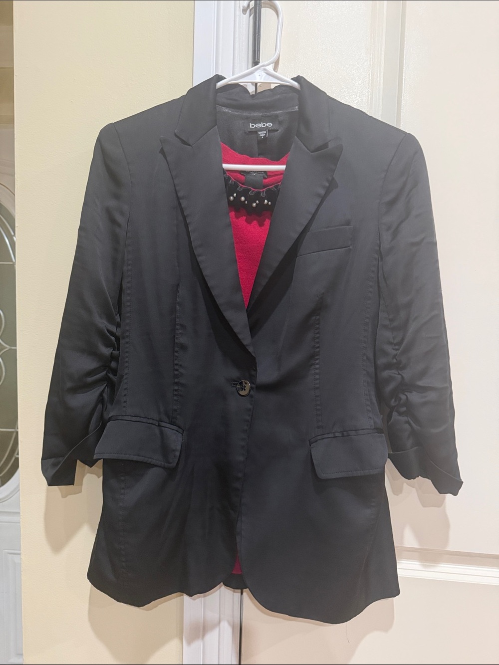 bebe Black Single-Button Blazer with Notch Lapel. Satin feel. No material tags